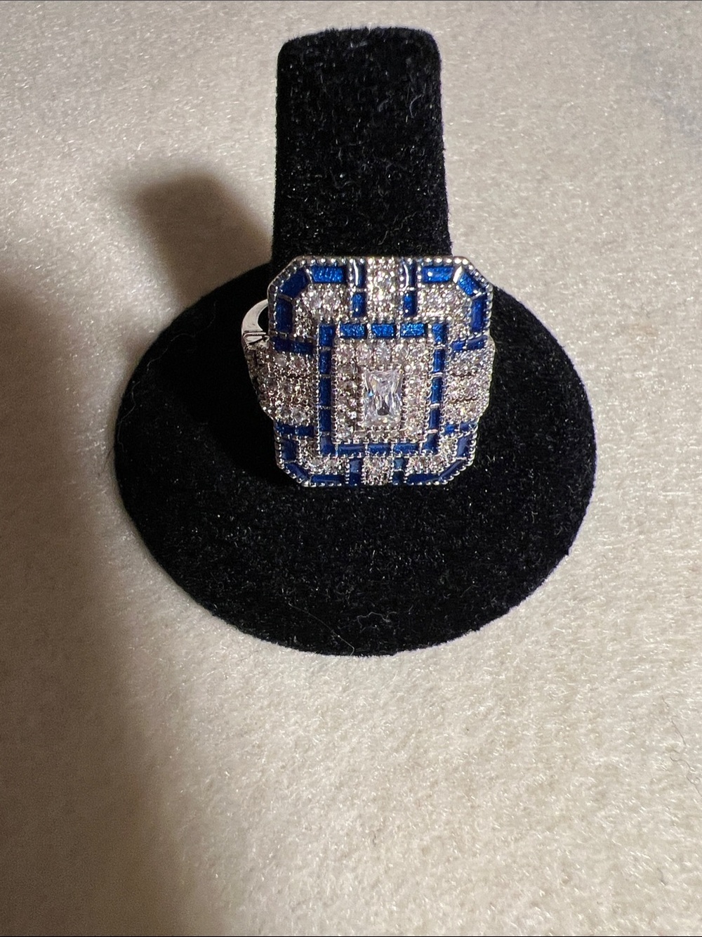 925 Silver Art Deco Blue Stone, CZ and Silver Statement Cocktail Ring size 10